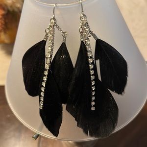 Black feather and rhinestone earrings